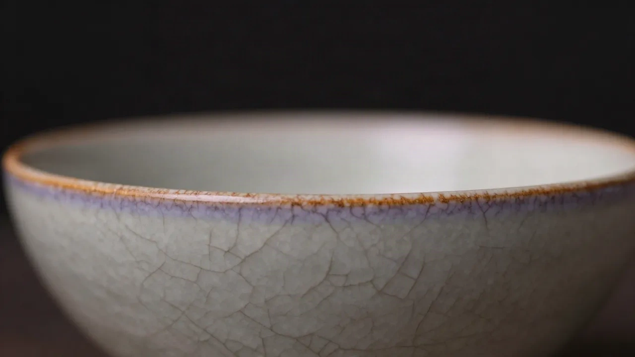 Primo piano della spalla di una ciotola di ceramica smaltata con spaccature a fuoco nitido su fondo scuro sfocato