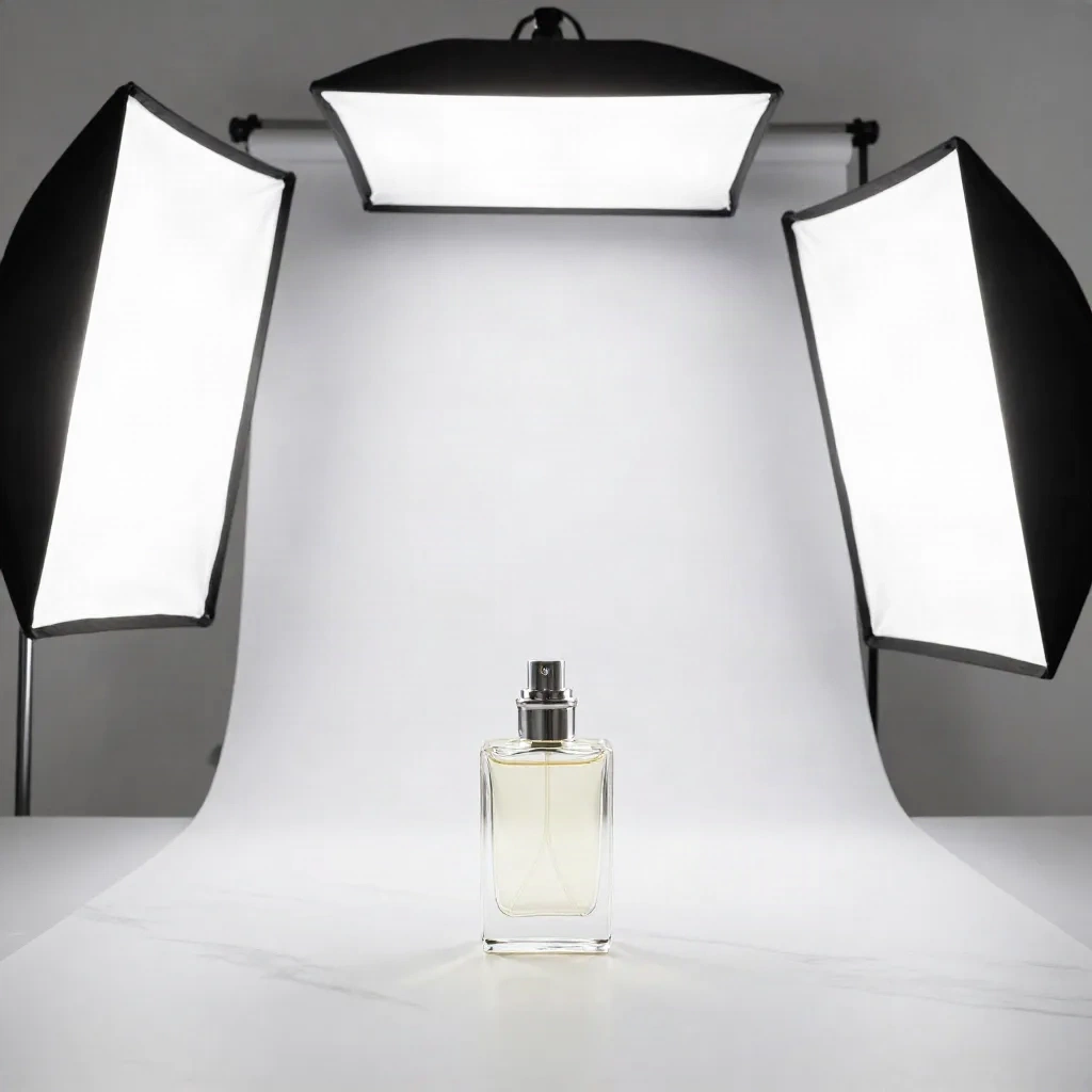 Professionele studio productfotografieopstelling met driepoints softbox belichting op witte achtergrond