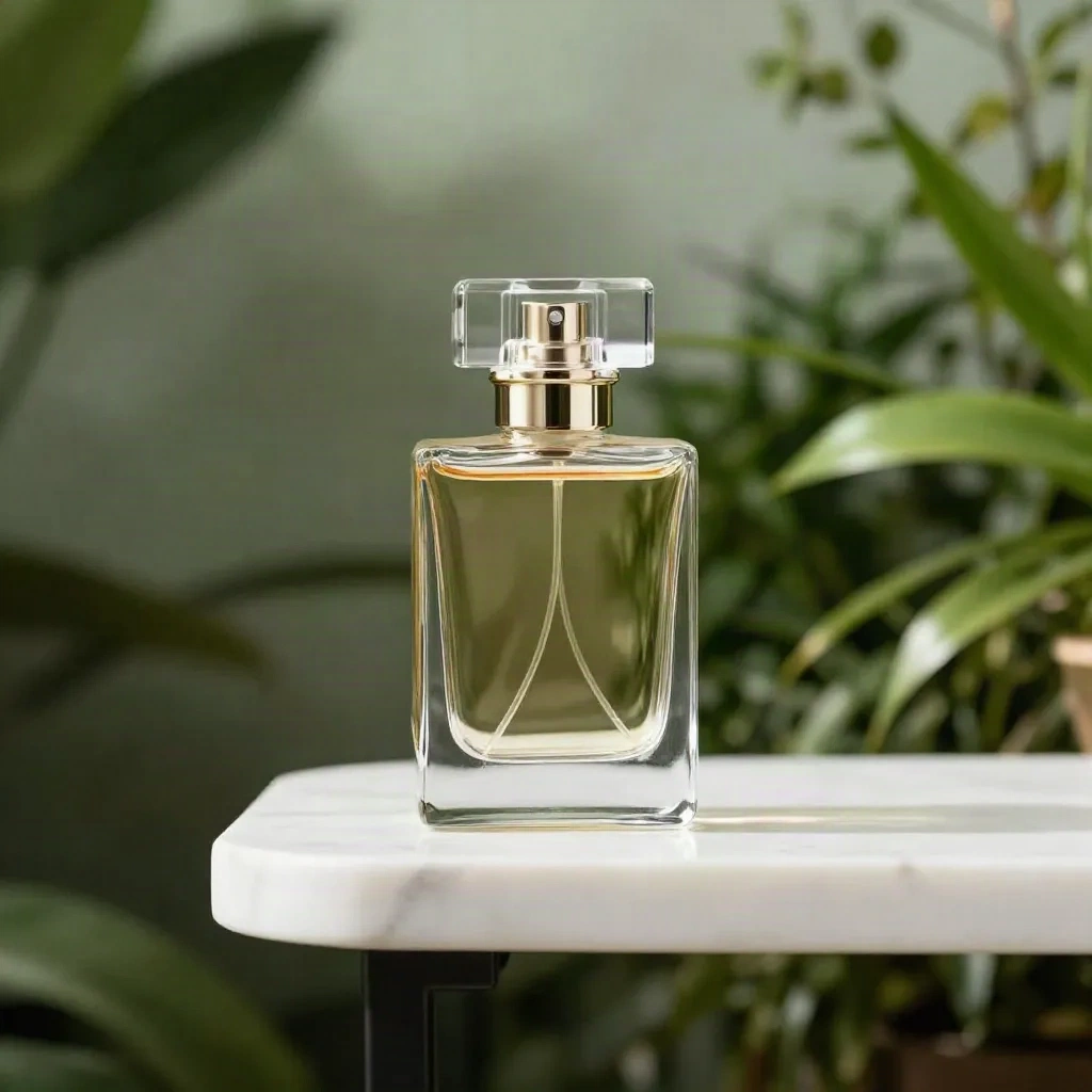 Flacone di profumo in vetro fotografia prodotto su mensola di marmo con sfondo botanico
