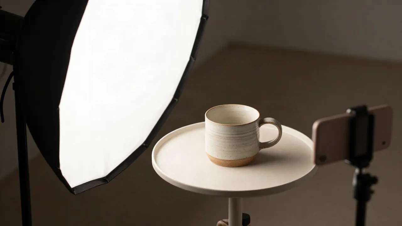 Keramiktasse auf einem kleinen Tisch, von einer Softbox beleuchtet, mit Smartphone auf Stativ zum Fotografieren bereit