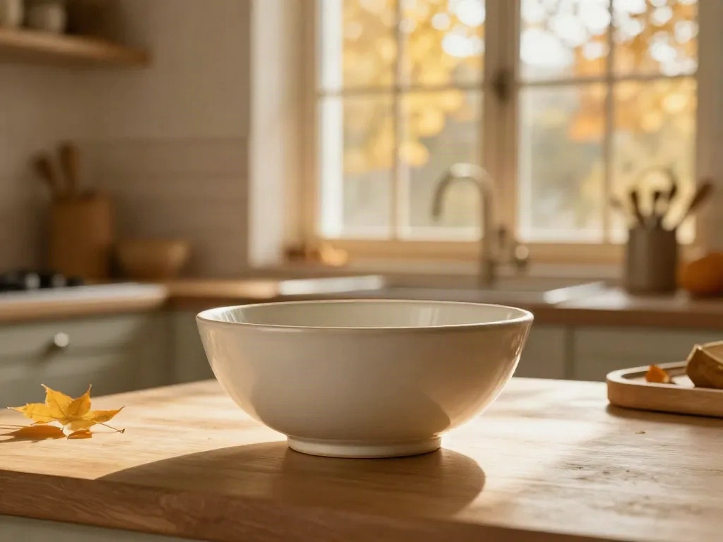 AI-enhanced lifestyle product photography showing ceramic bowl in autumn kitchen setting