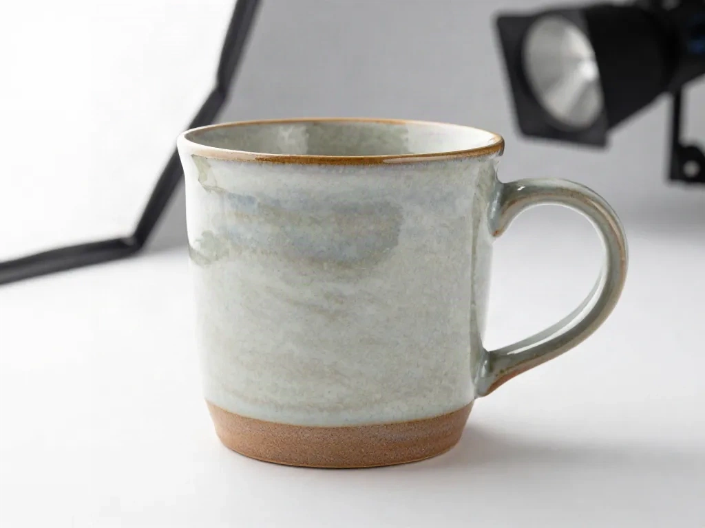 Close-up of handmade ceramic mug on clean white background for e-commerce product photography