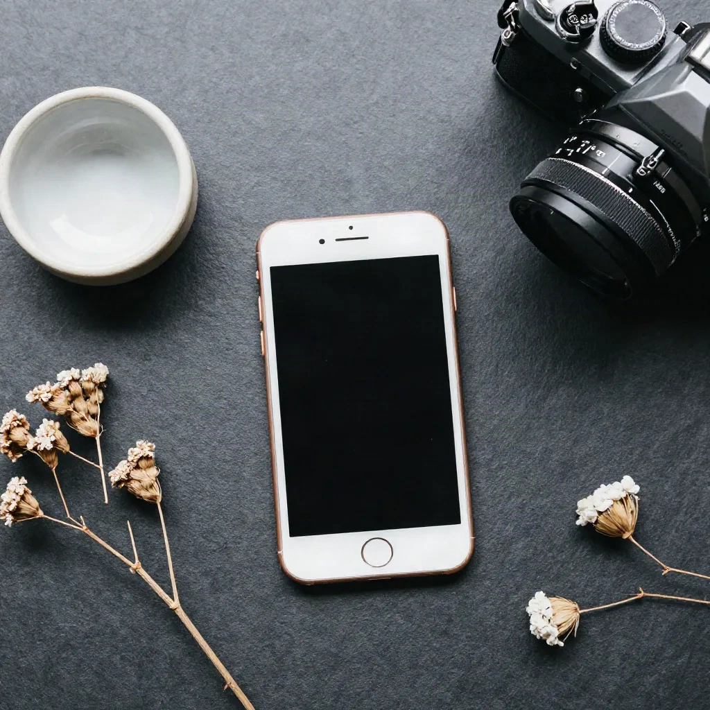 Bovenaanzicht flatlay van creatief gereedschap en keramische objecten met zacht natuurlijk zijlicht, Instagram-esthetiek