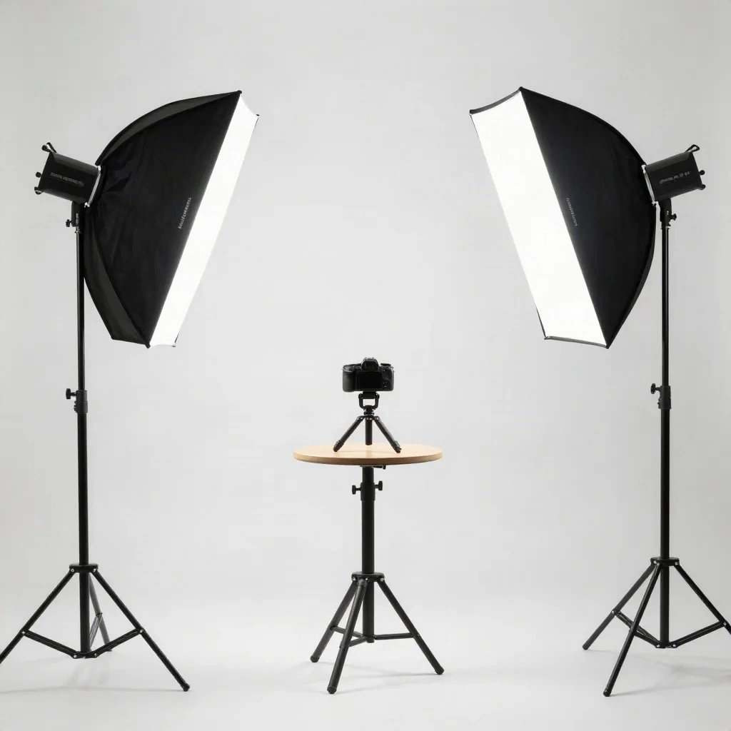 Professional product photography studio lighting setup with softboxes and white background