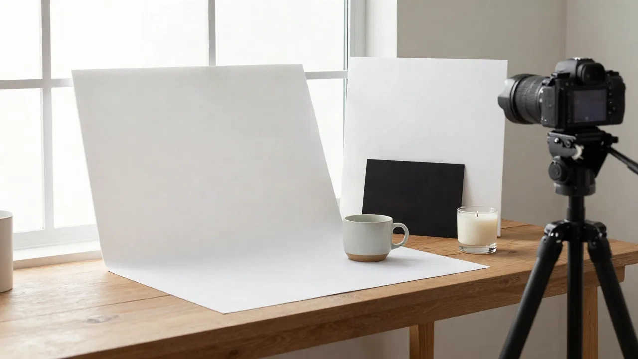 Piccolo set fotografico per prodotti su tavolo di legno vicino finestra con foglio di carta bianca, carta riflettente e treppiede