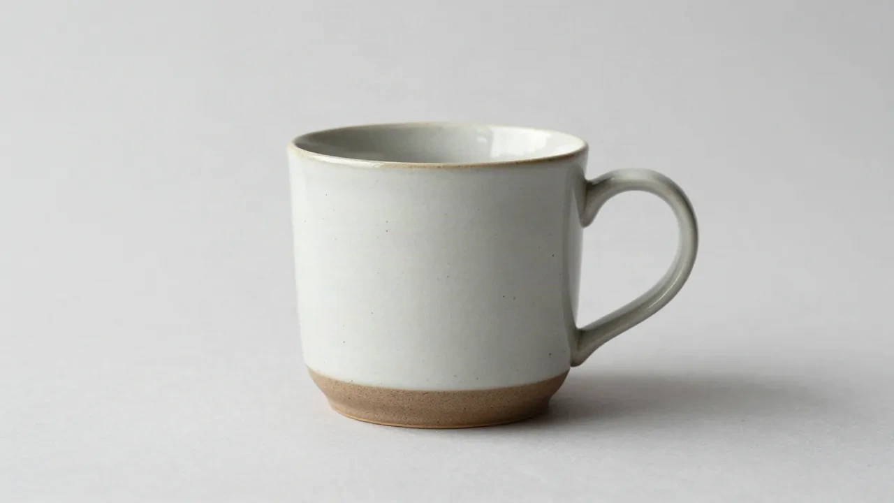 Tazza in ceramica maculata su un fondale grigio chiaro da studio, pronta per il cambio di sfondo