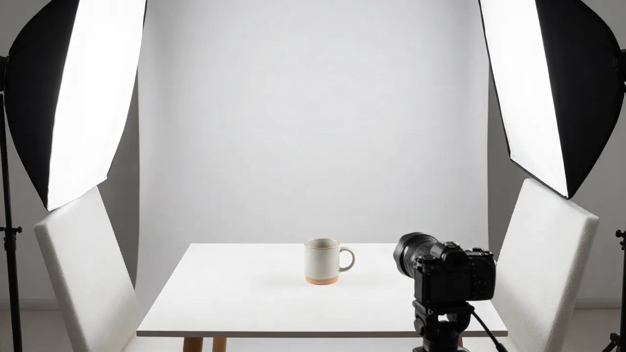 Montaje de fotografía de producto con fondo blanco: telón blanco, dos softboxes y paneles de espuma