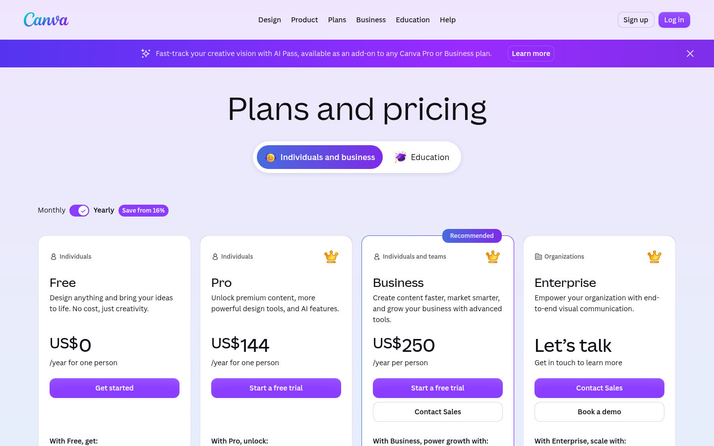 Pagina prezzi di Canva: Free, Pro US$144 l'anno, Business US$250 l'anno, Enterprise
