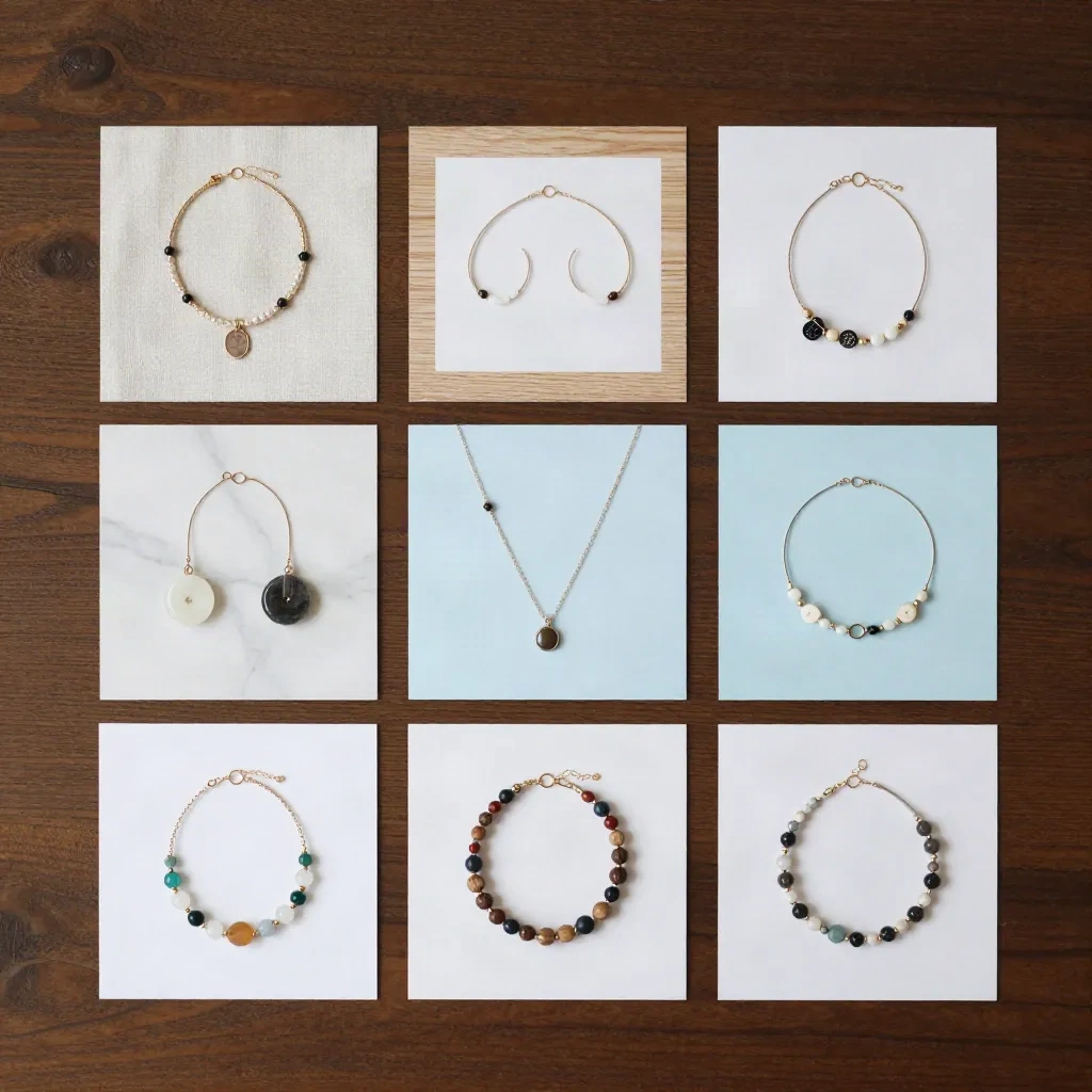 Raster mit Schmuck-Produktfotos auf Leinen, Eiche, Marmor und hellblauem Untergrund bei gleichmäßigem Licht