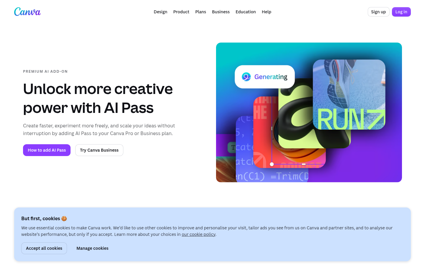Pagina del componente aggiuntivo Canva AI Pass, nessun prezzo mostrato