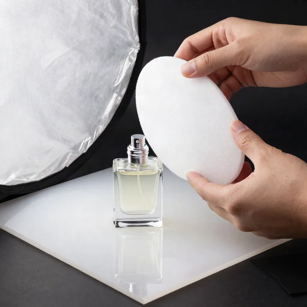 Hands positioning a white foam reflector beside a glass perfume bottle on white acrylic