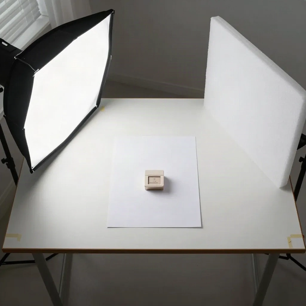 Top-down view of a product photography table with softbox at 45 degrees and white foam reflector opposite