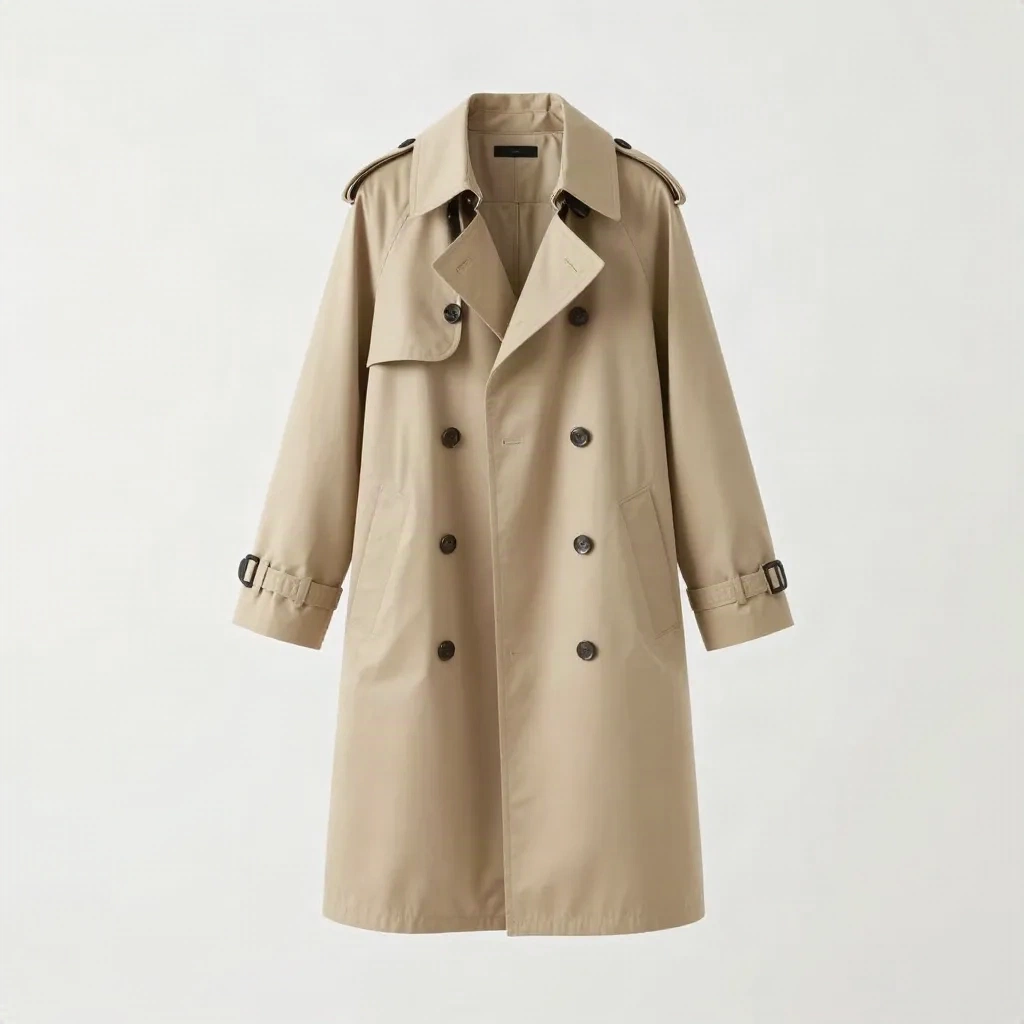 Trench beige che tiene una forma 3D indossata su sfondo bianco