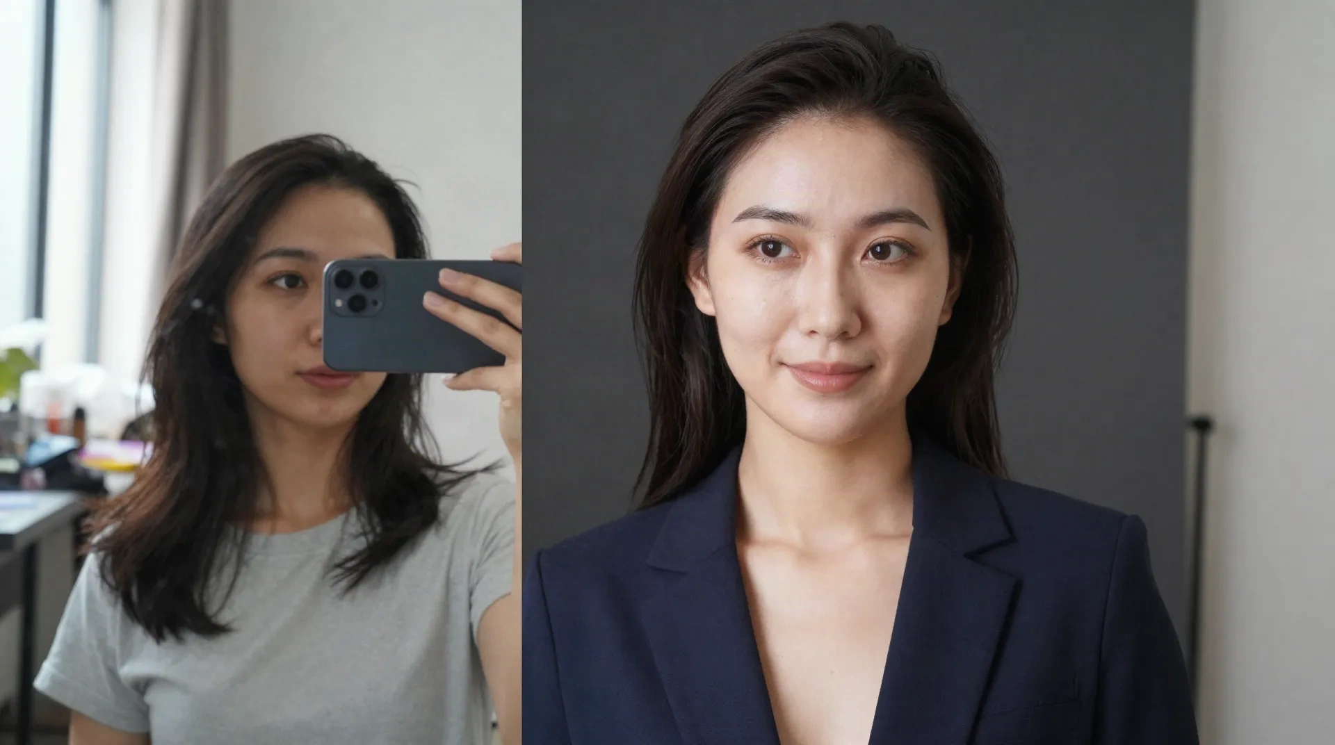 Uma selfie casual de espelho ao lado de um retrato profissional limpo, antes e depois