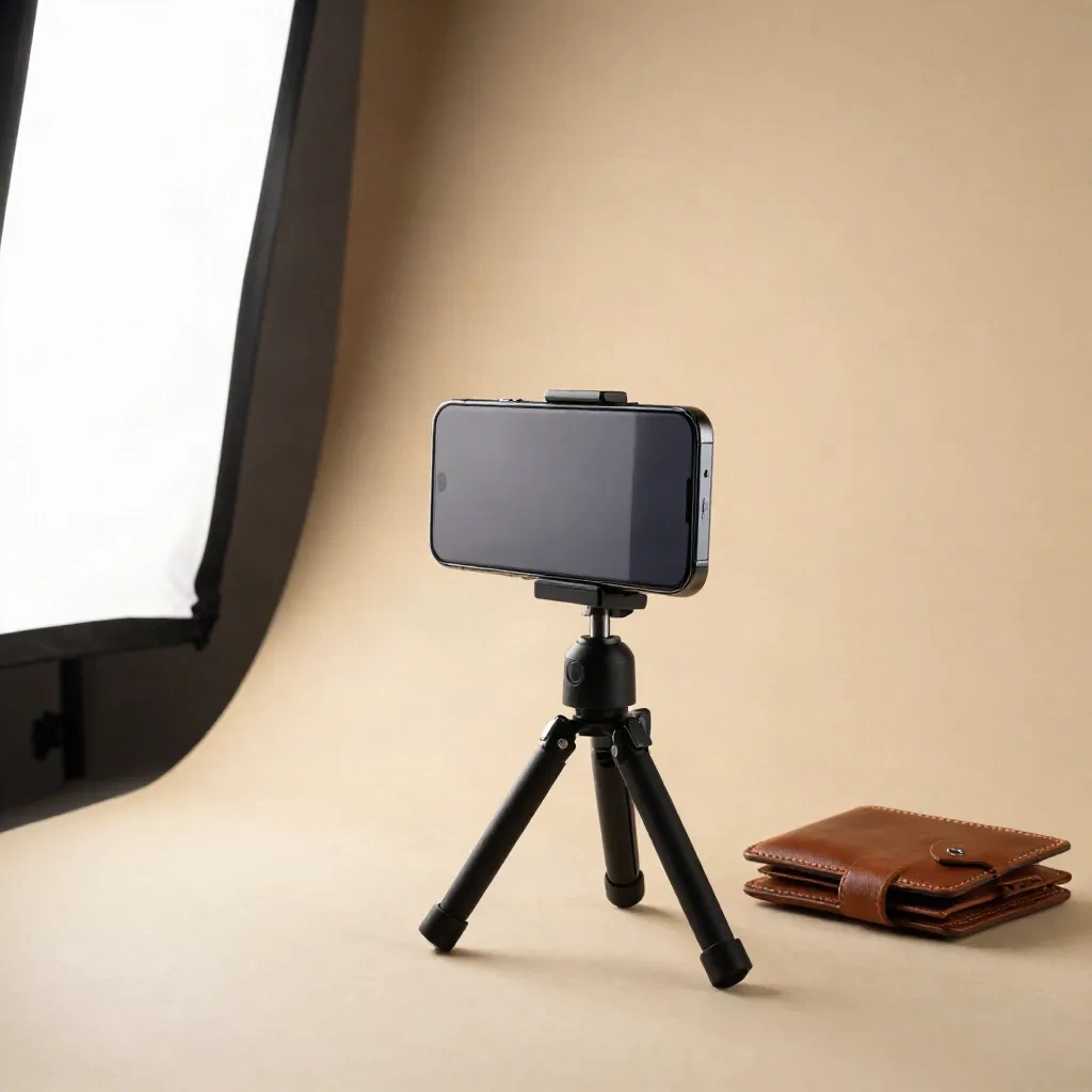 Smartphone on a mini tripod aimed at a leather wallet on beige seamless paper with a softbox at left