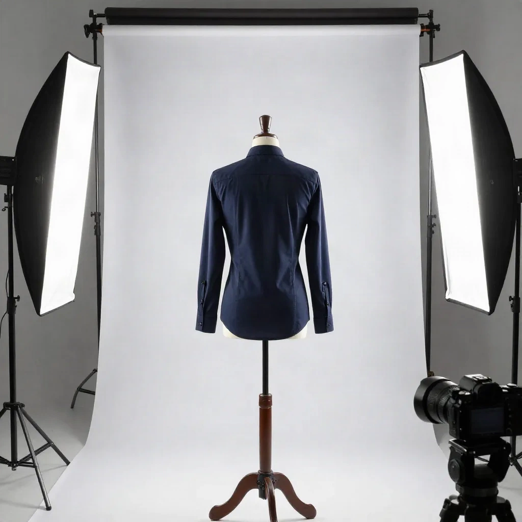 Dietro le quinte dello studio: manichino modulare con una camicia blu fissata sul retro tra due softbox