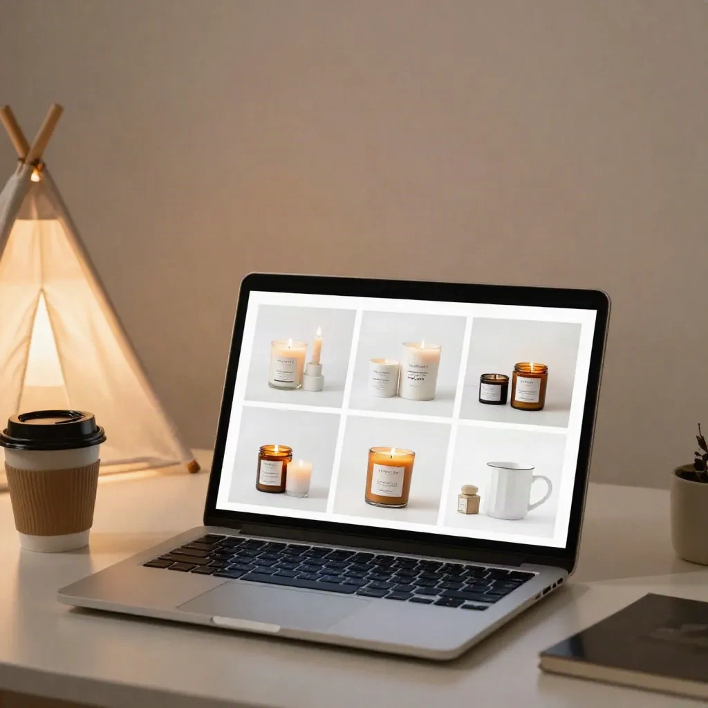 Laptop showing a gallery of clean candle and mug product photos next to a small light tent
