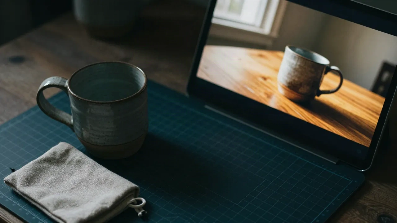 Mug keramik di atas alas potong di samping laptop, menampilkan mug yang sama di meja kayu ek yang terkena cahaya matahari