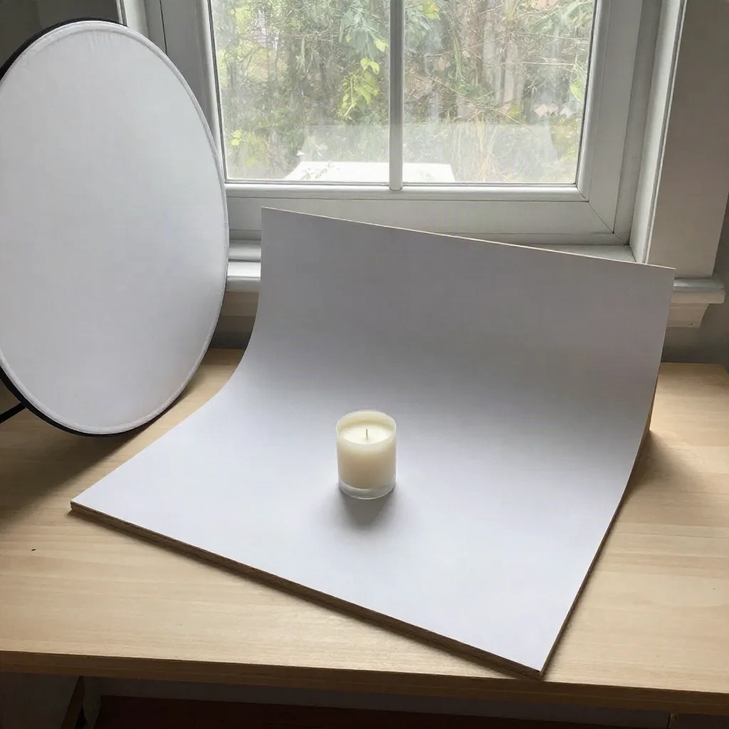 Sweep poster board putih di dekat jendela dengan lilin dan reflektor untuk foto produk