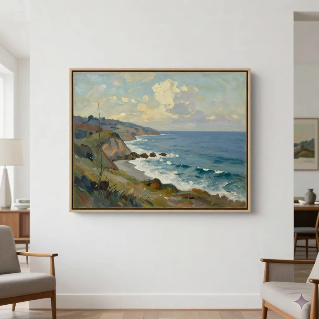Framed AI oil painting canvas displayed in a modern living room on a white wall