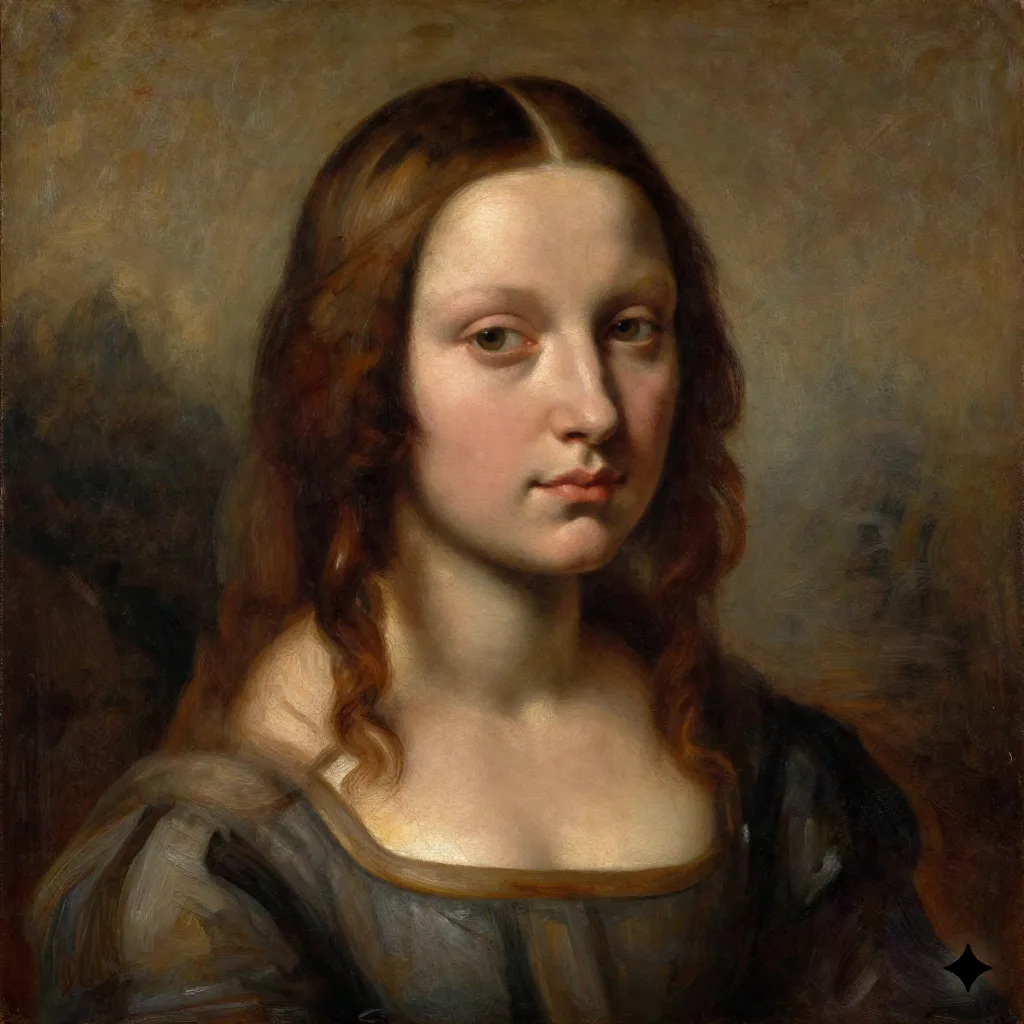 AI-generated oil painting portrait in Renaissance style with visible brushstrokes and rich earth tones