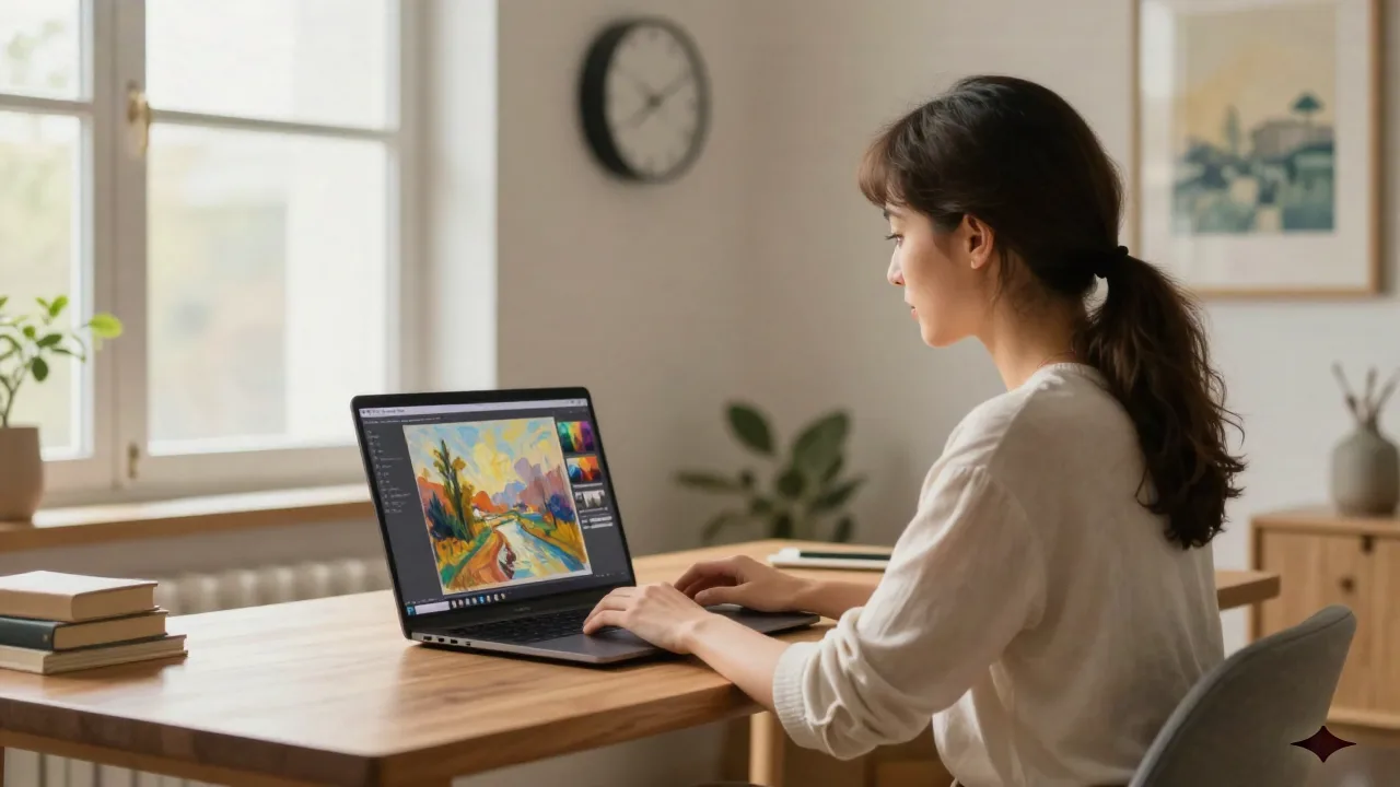 A homeowner reviewing AI oil painting results on a laptop in a modern home office