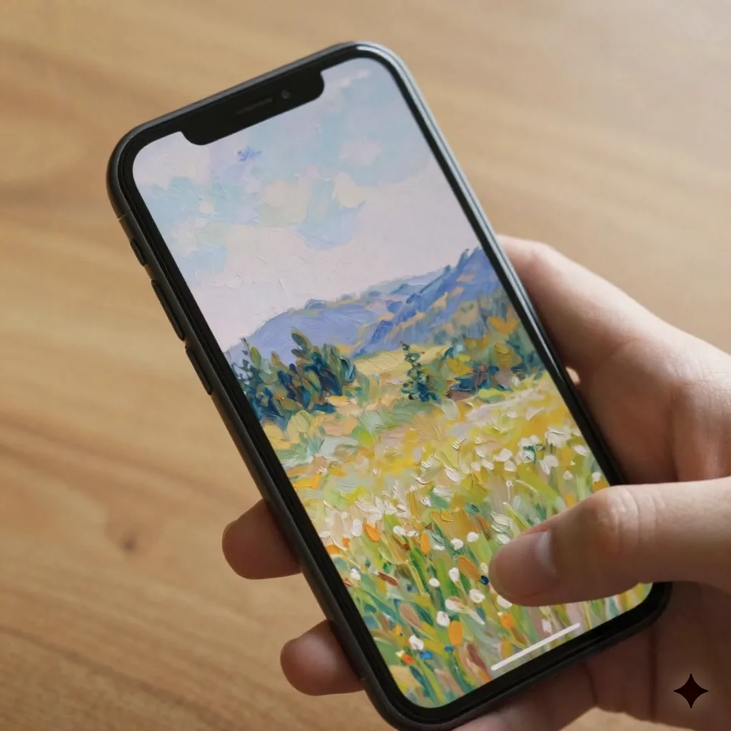 Smartphone displaying an AI oil painting transformation of a landscape photo