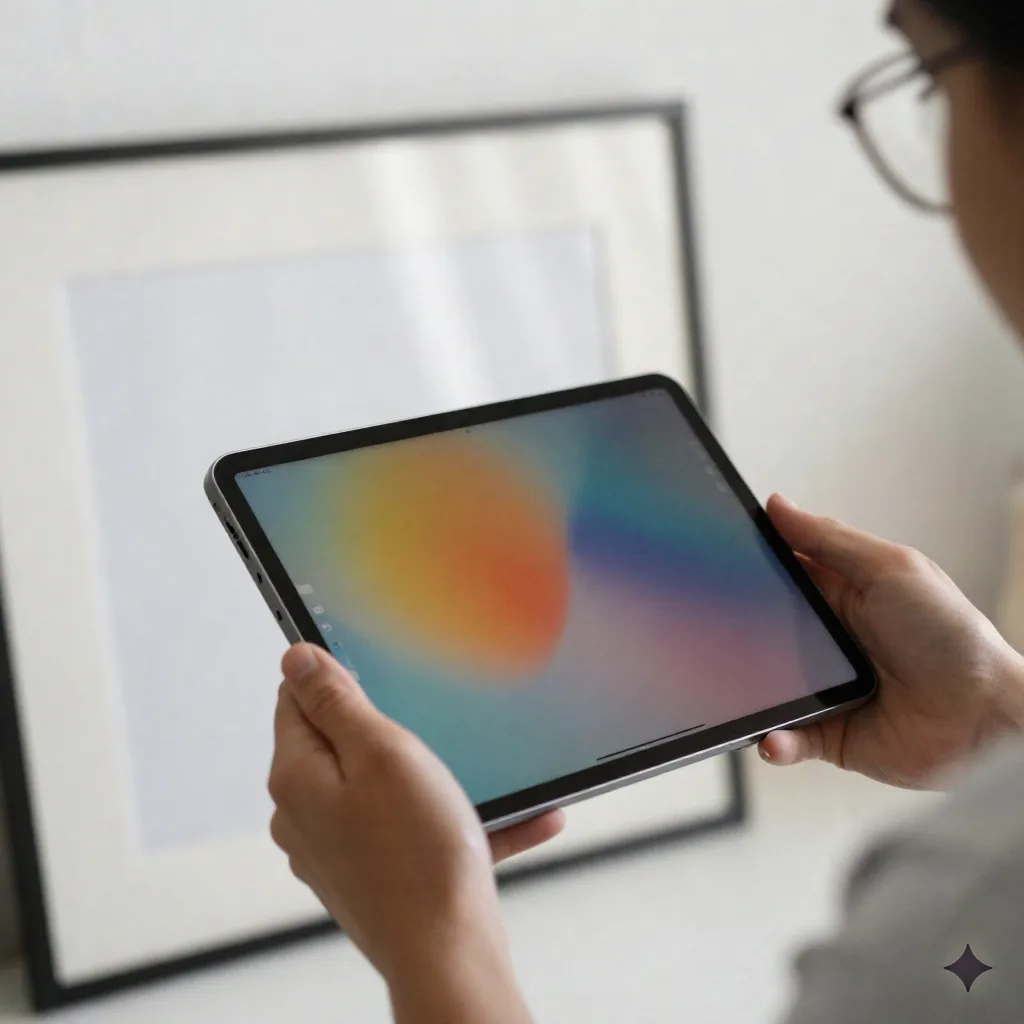 Hands holding a tablet displaying a blurred colorful abstract image near a blank wall with an empty picture frame