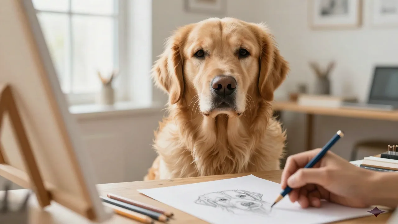 Artist sketching a golden retriever portrait in a bright home studio