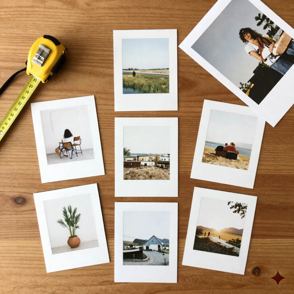 Flat lay of several small framed art print samples next to a tape measure and a photograph