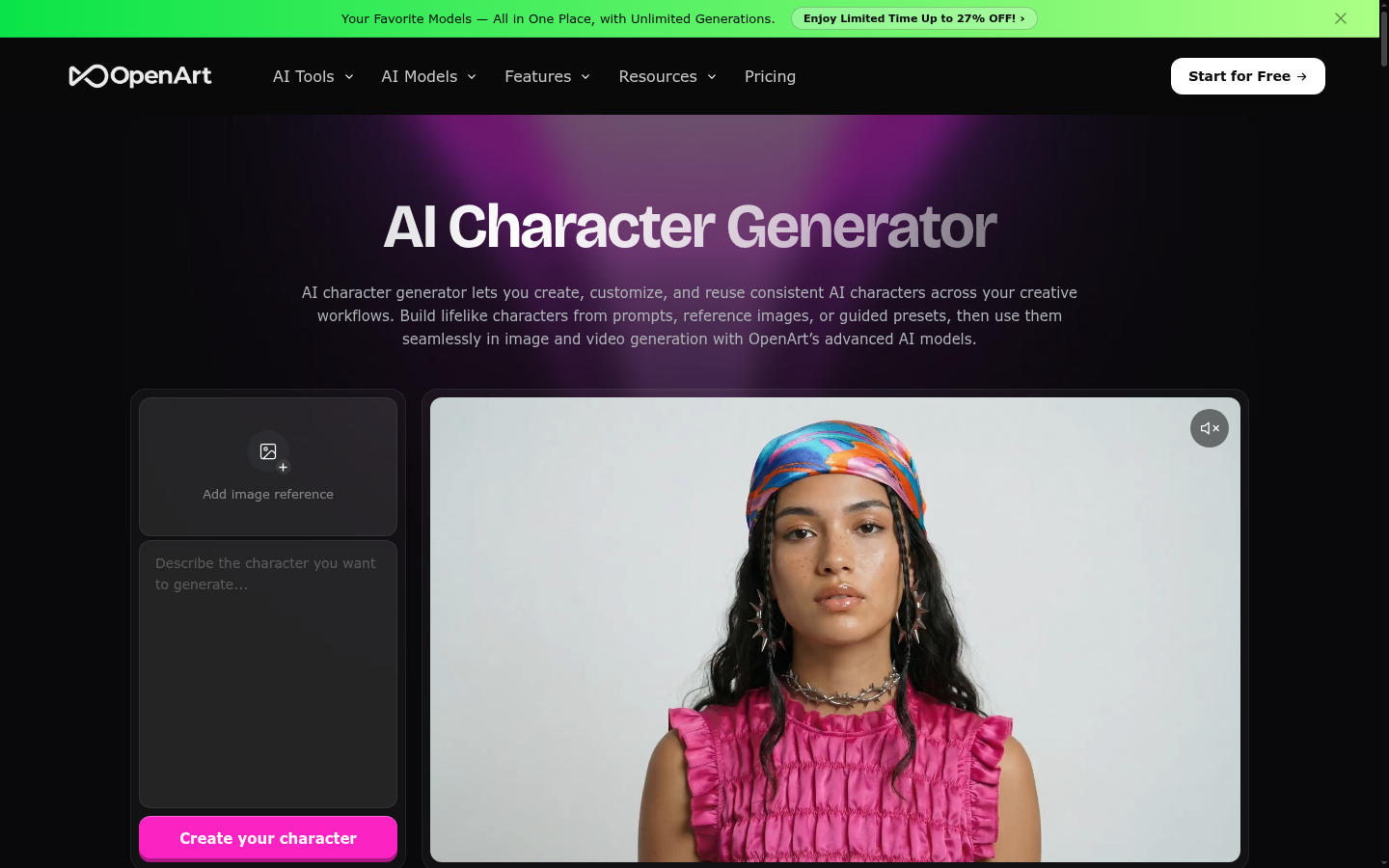 OpenArt AI Charakter-Funktionsseite, getestet für konsistente Beschriftung bei Reparaturfotos