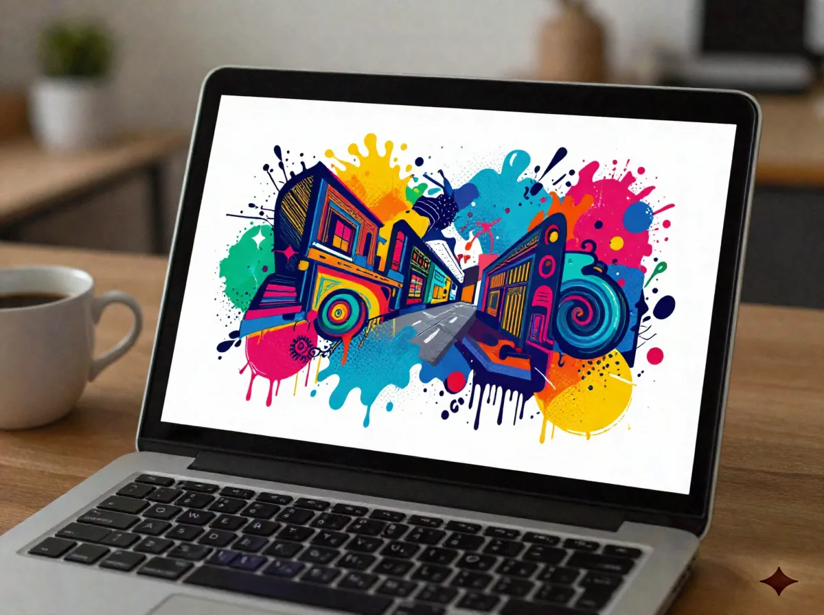 Layar laptop menampilkan mockup desain seni jalan abstrak berwarna-warni yang dihasilkan AI