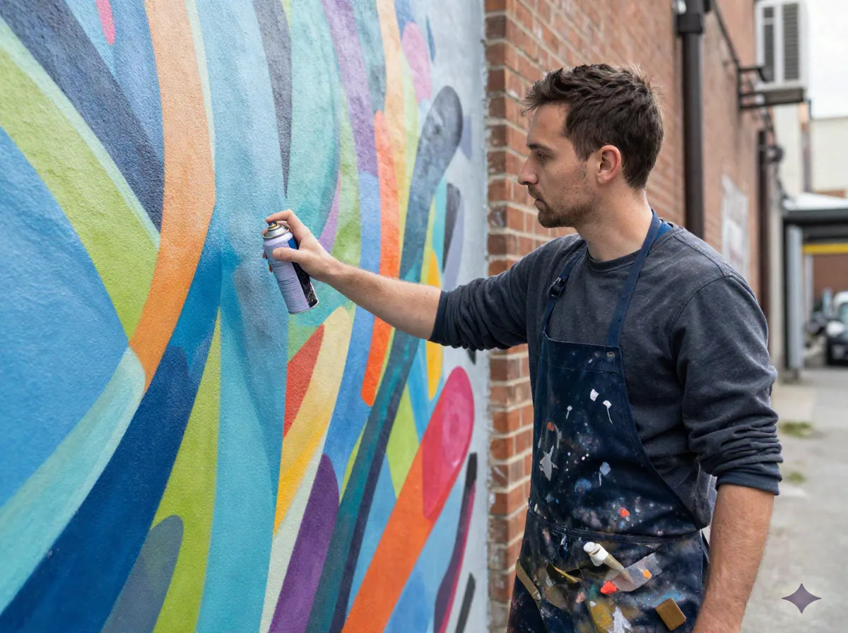 Seniman mural profesional melukis desain abstrak berwarna-warni dengan semprot pada dinding bata eksterior