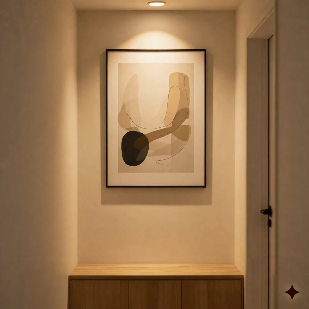 Cozy hallway with a single large framed abstract art print, warm evening light
