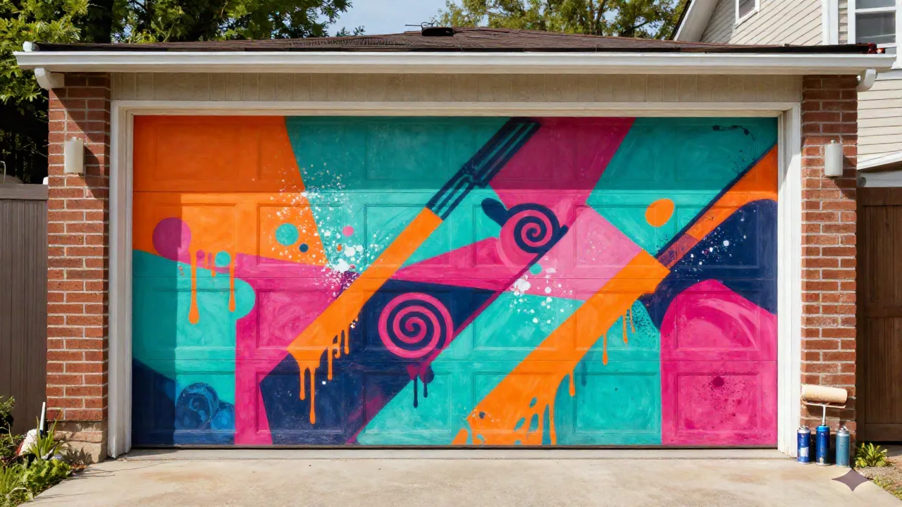 Colorful abstract street-art mural painted on a suburban garage door in bright daylight