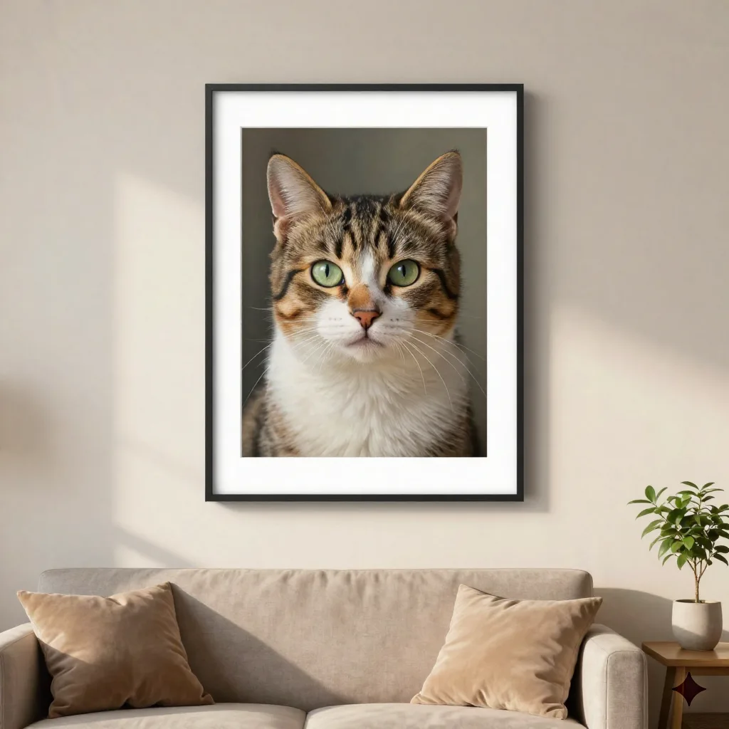 Retrato de un gato enmarcado colgado sobre un sofa en la sala
