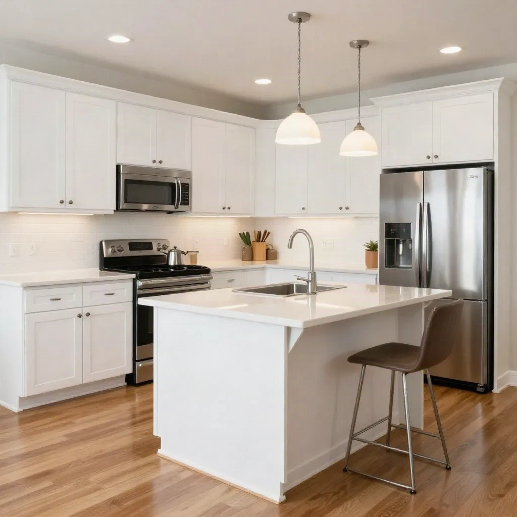 Completed kitchen renovation with white shaker cabinets, quartz countertops and stainless appliances