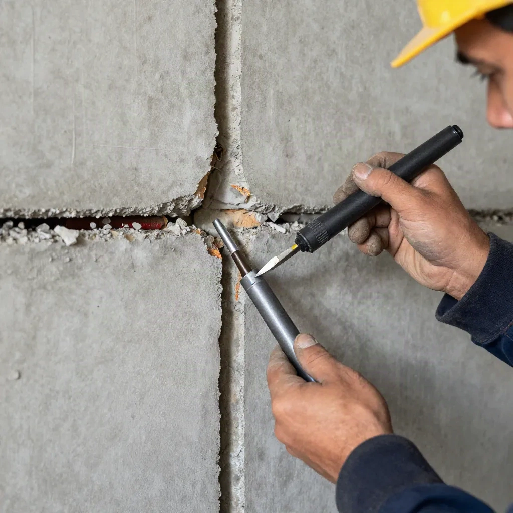 Contractor injecting epoxy resin to seal a vertical foundation crack in poured concrete wall