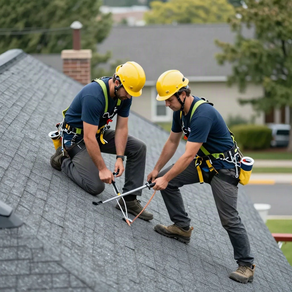 Two roofing contractors in safety harnesses installing asphalt shingles on a residential roof