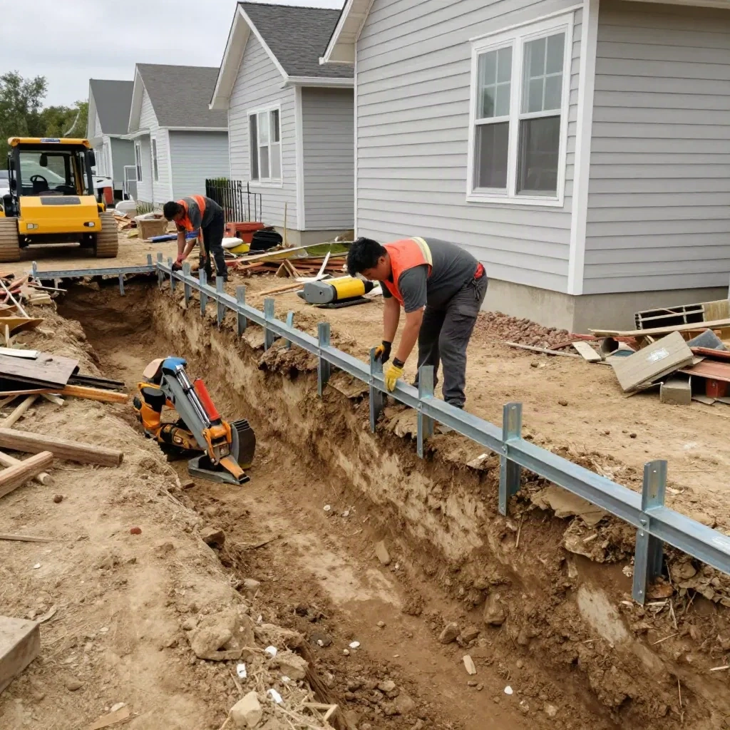 Workers installing steel push piers along residential foundation exterior during excavation