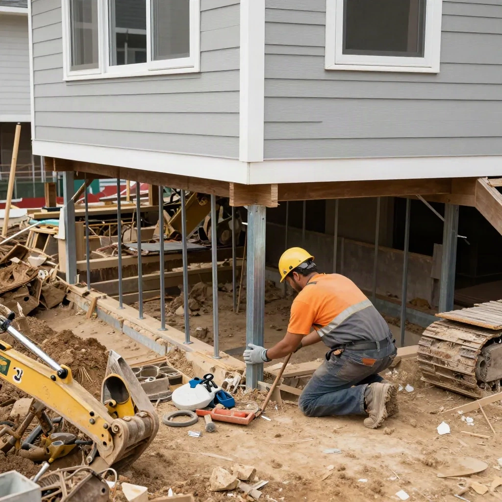 Construction crew installing steel underpinning piers below a residential home foundation