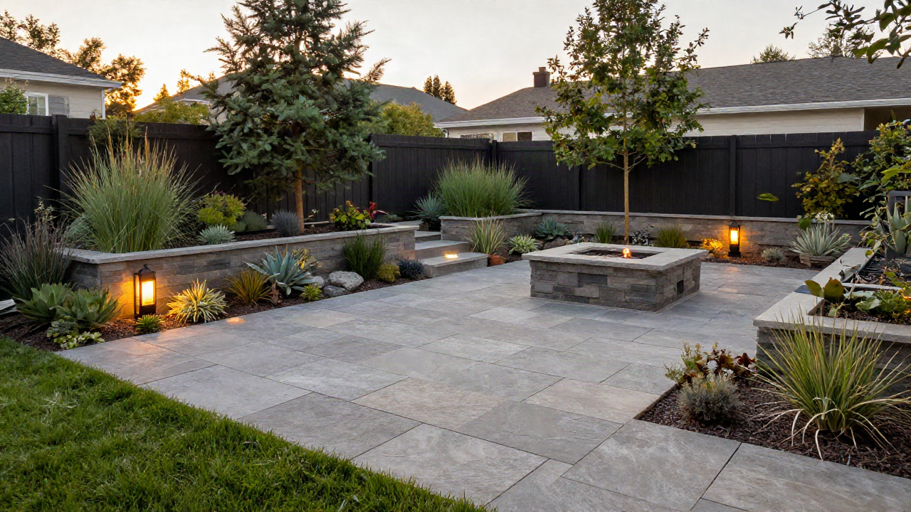 A landscaped backyard patio with stone pavers, plantings, and a fire pit at golden hour