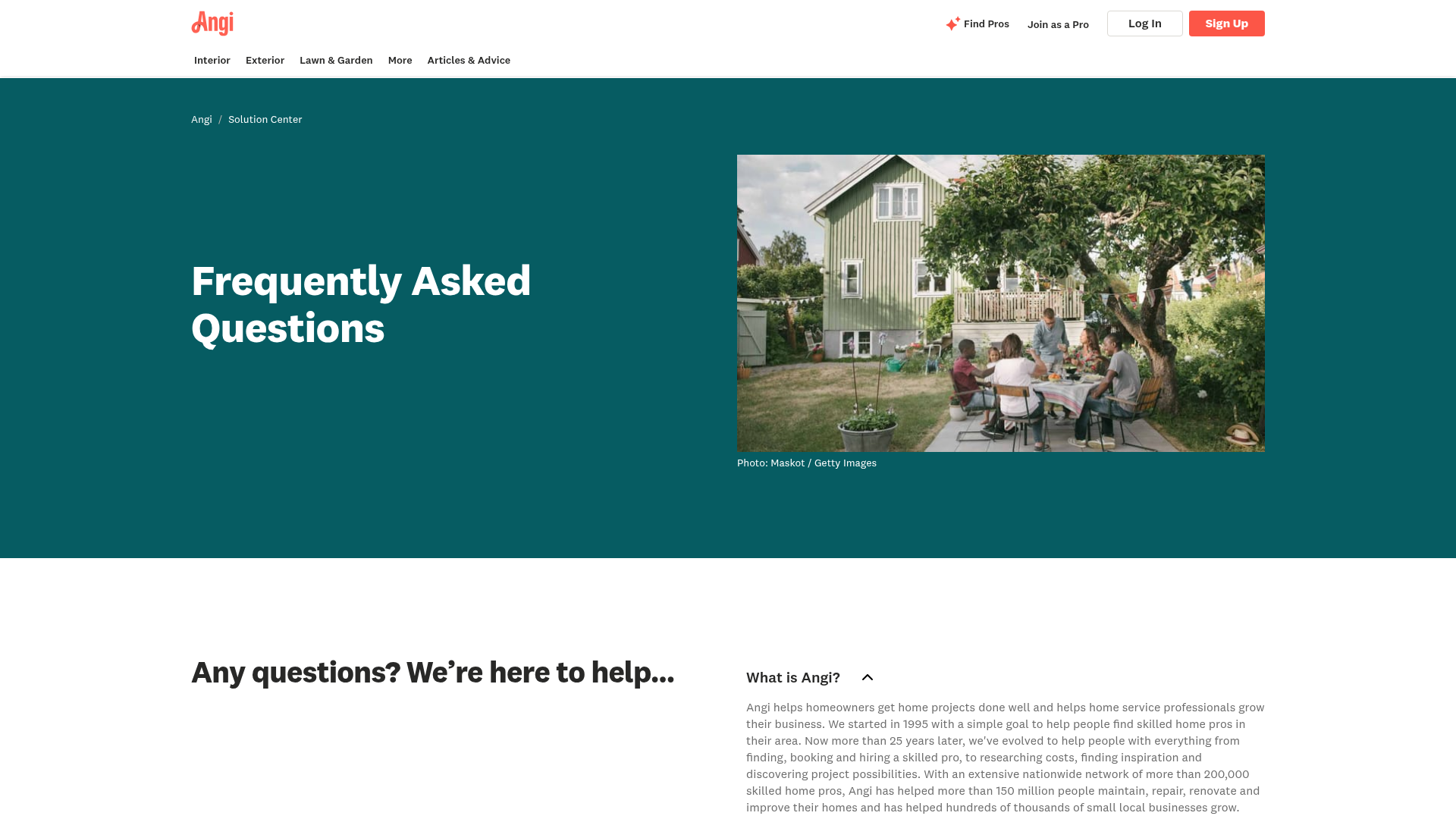 Page FAQ d'Angi expliquant comment la plateforme fonctionne pour les propriétaires