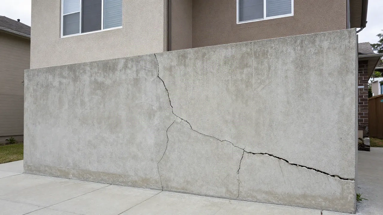 Residential home exterior showing cracked foundation wall at ground level