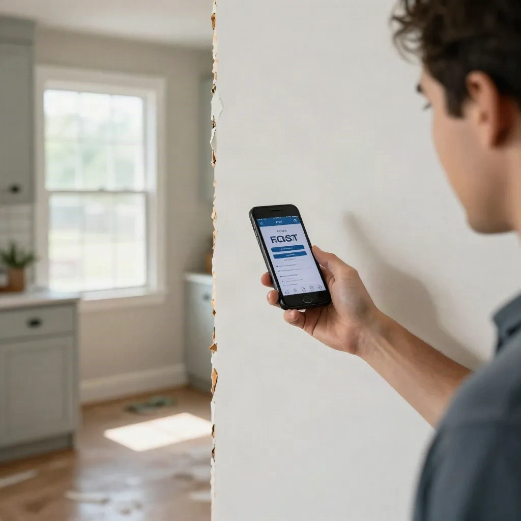 Homeowner photographing kitchen damage with smartphone for AI cost estimation