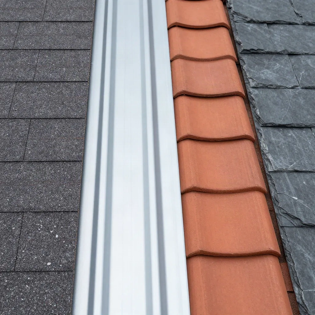 Roofing material samples: asphalt shingles, metal panel, clay tile, and slate side by side