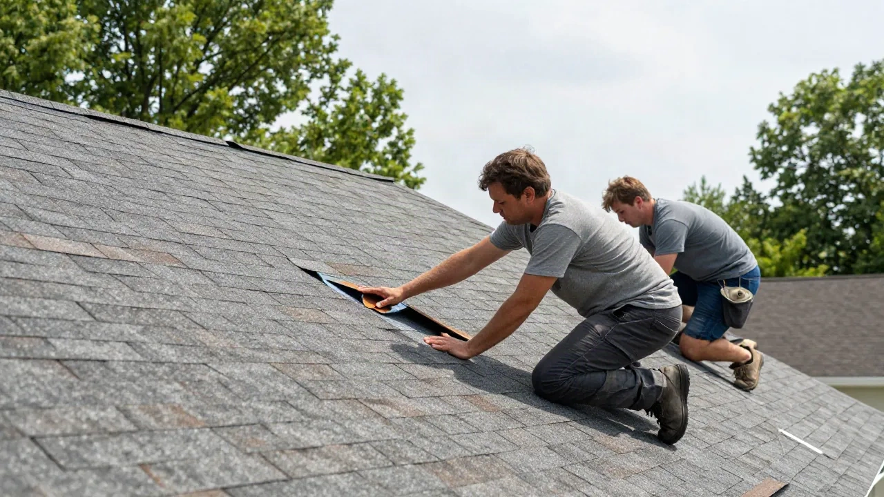 Roofing crew replacing asphalt shingles on a suburban home in summer