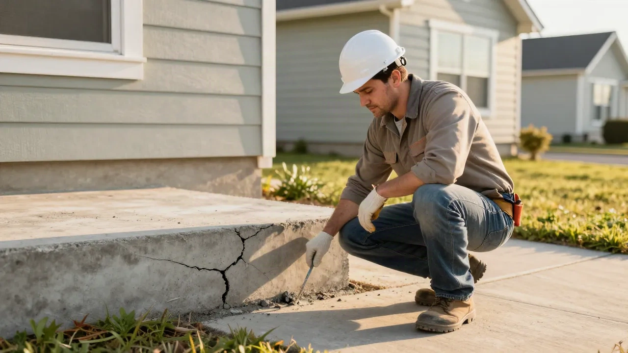 Professional contractor inspecting house foundation cracks at ground level