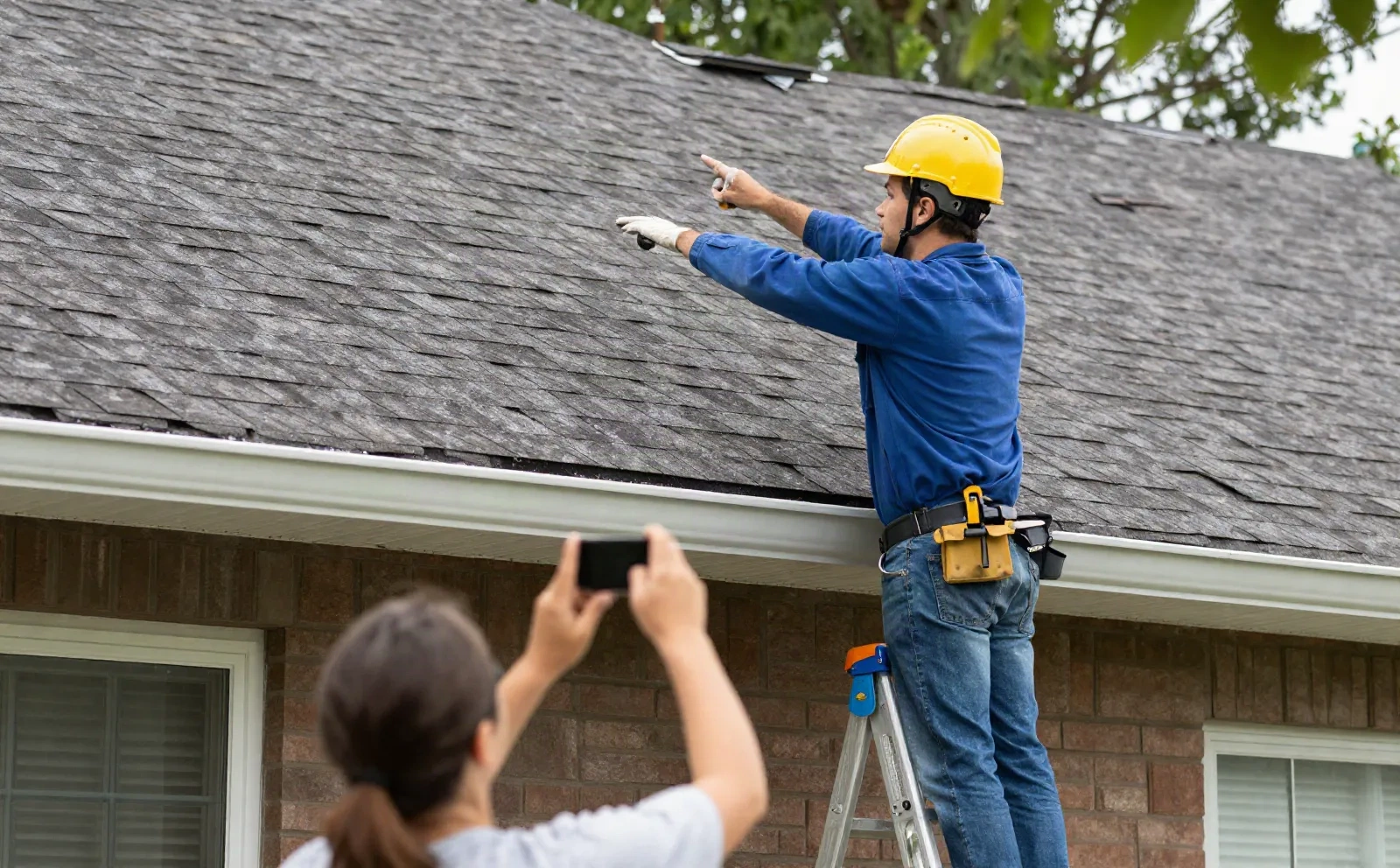 Contractor pointing out roof damage while a homeowner takes a photo from the ground