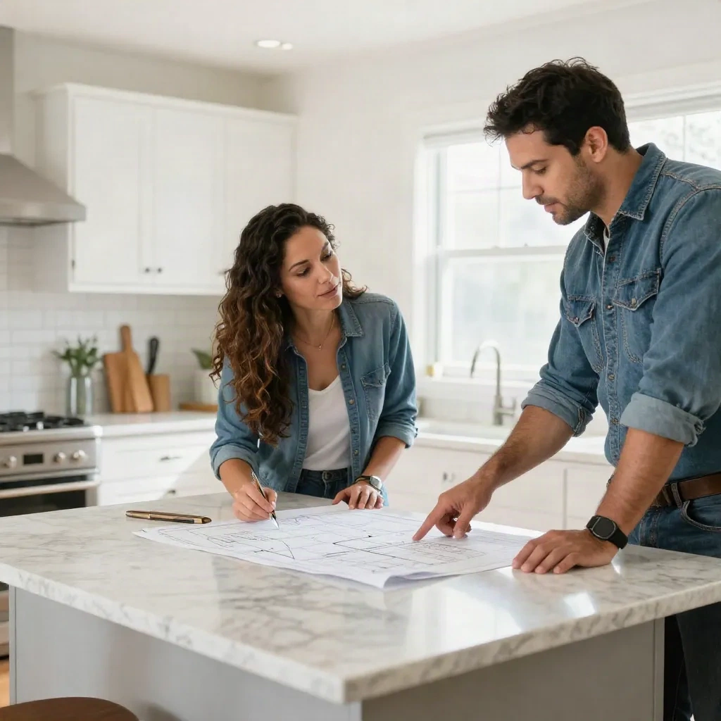 Homeowner couple reviewing kitchen remodel plans with a contractor